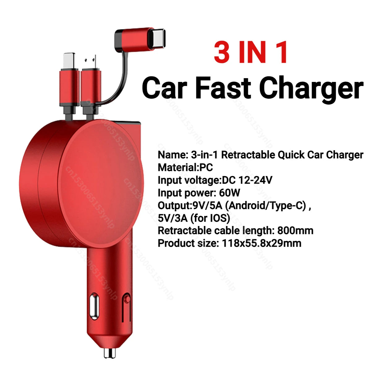 Professional title: "120W 4-in-1 Retractable Car Charger with USB C Cable for iPhone, Huawei, Samsung - Fast Charge, Cigarette Lighter Adapter, PD, QC3.0"