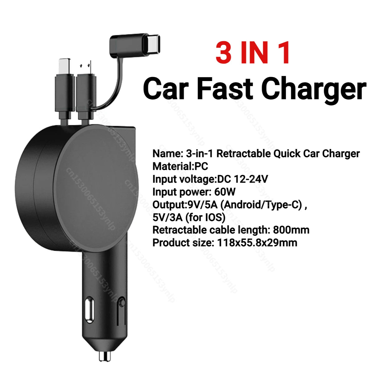 Professional title: "120W 4-in-1 Retractable Car Charger with USB C Cable for iPhone, Huawei, Samsung - Fast Charge, Cigarette Lighter Adapter, PD, QC3.0"