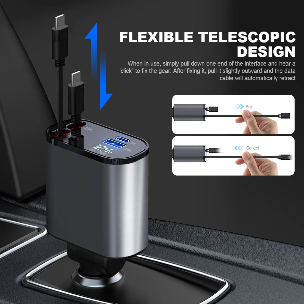 Professional title: "120W 4-in-1 Retractable Car Charger with USB C Cable for iPhone, Huawei, Samsung - Fast Charge, Cigarette Lighter Adapter, PD, QC3.0"