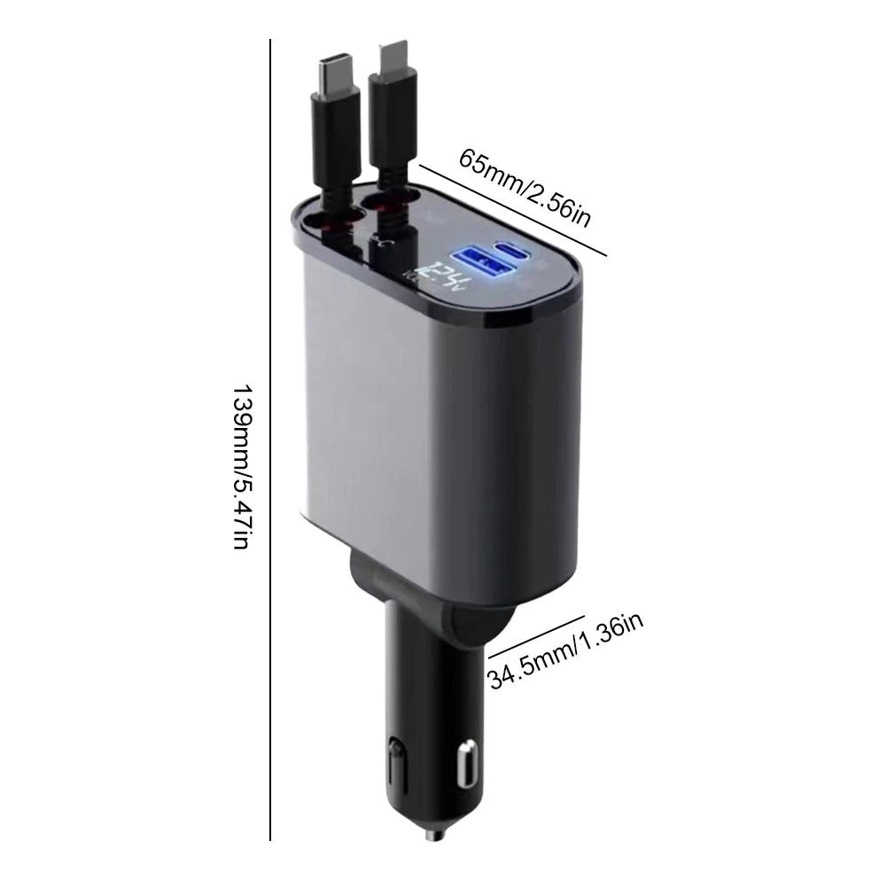 Professional title: "120W 4-in-1 Retractable Car Charger with USB C Cable for iPhone, Huawei, Samsung - Fast Charge, Cigarette Lighter Adapter, PD, QC3.0"